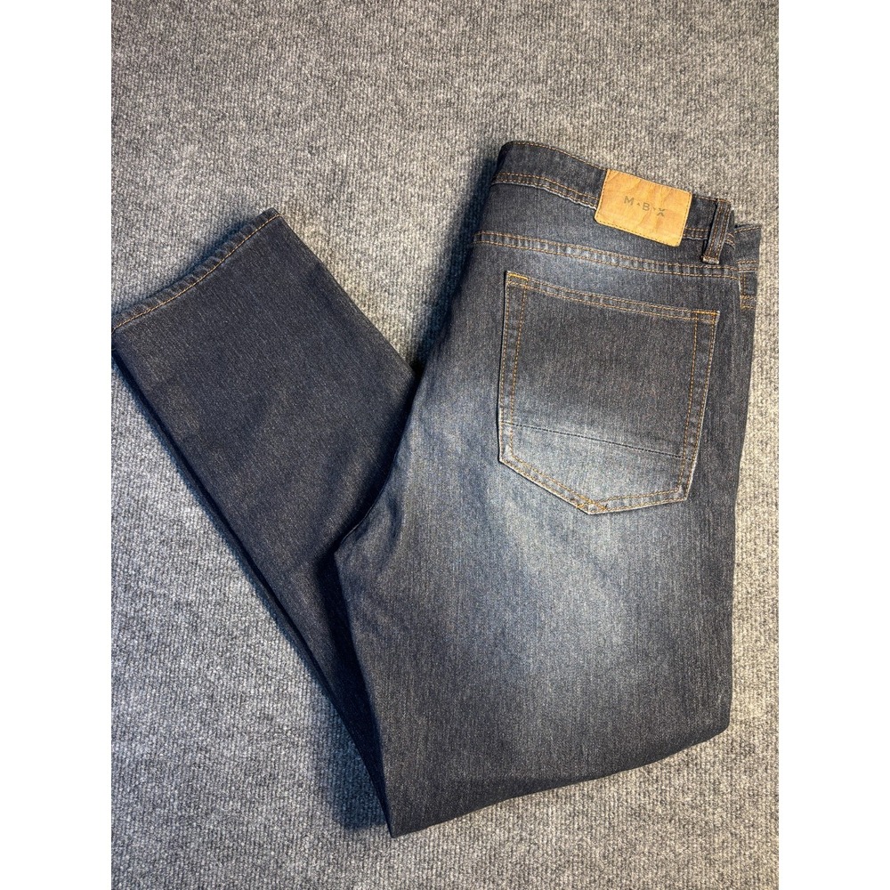 MBX Straight Jeans Mens 36x30 Black Contrast Stitch Slim Fit Faded Whiskered